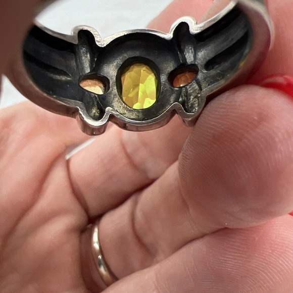 Green‎ Yellow Sterling Silver Ring Boho Vintage Bold Statement Size 9 Glass - Picture 6 of 11